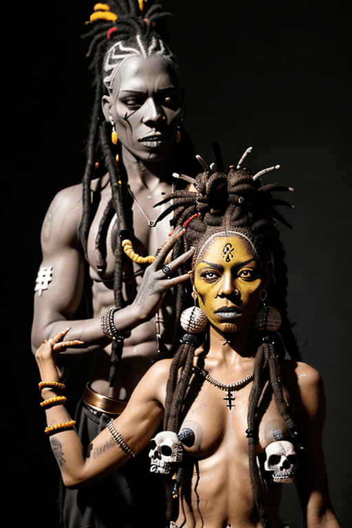 AI generated: A male and a female voodoo priests, performing voodoo ritual,  full body, dark complexion, voodoo sy...
