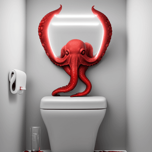 AI generated: red octopus ::1 reading the newspaper sit on a toilet, white lights, white tones, white wall, mirror...