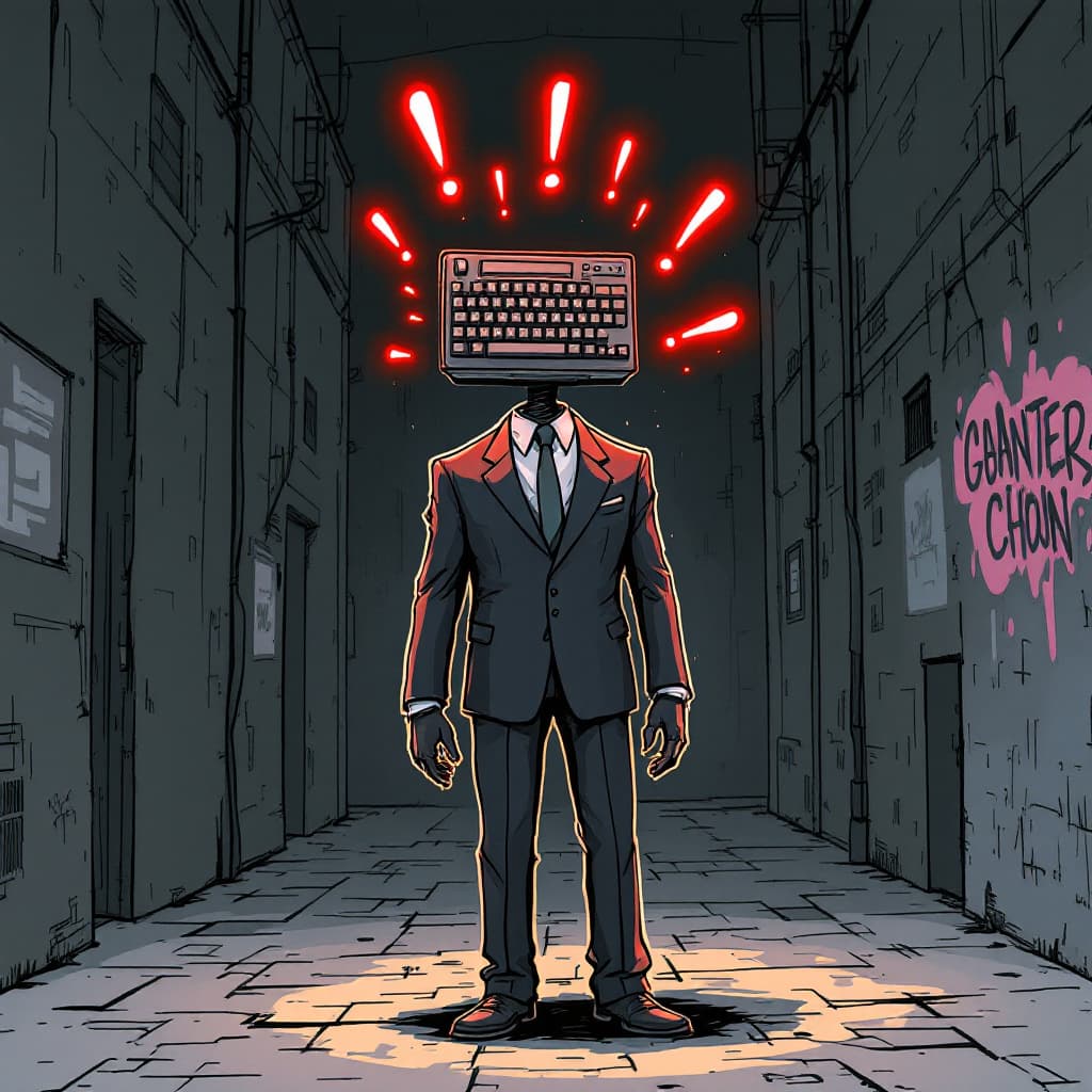 AI generated: a humanoid figure in a full-length formal suit, with curved shoulders and a computer keyboard floati...