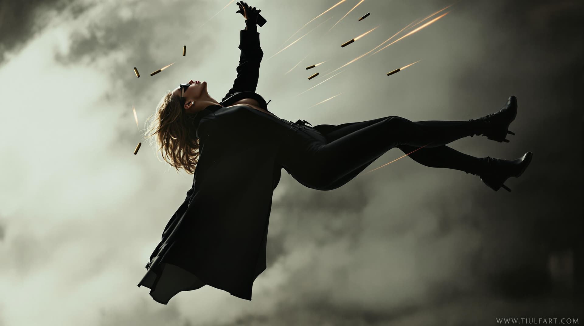 AI generated: It's a dynamic and dramatic scene with a Woman dressed in a black form-fitting outfit including a sl...