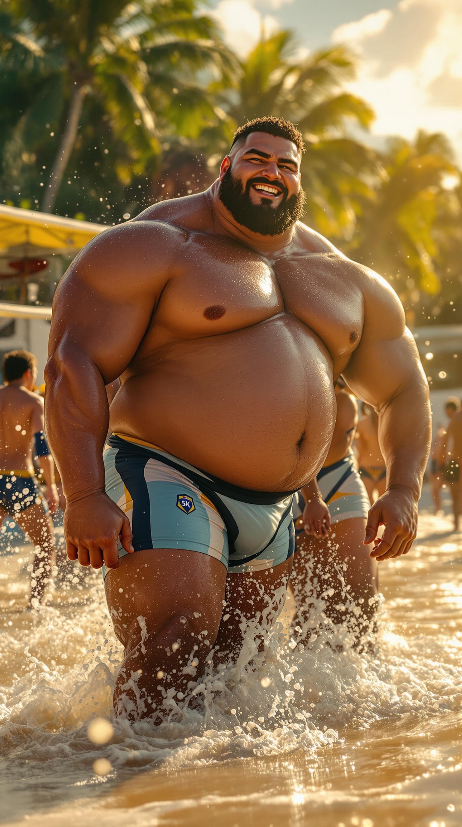 AI generated: Colossal Brazilian beach volleyball players with glossy skin, wide chests, and heavy lower bodies we...