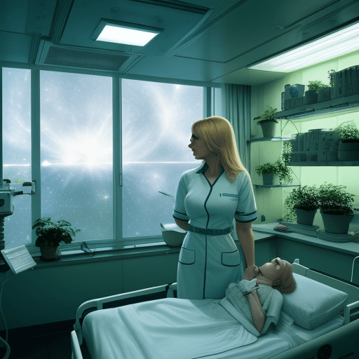 AI generated: orbiting sci-fi hospital room, with plants, with hot female blond nurse tending bedside, the stars o...