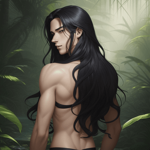 AI generated: young man with a serene appearance and a presence that radiates tranquility. Her long, dark hair fal...
