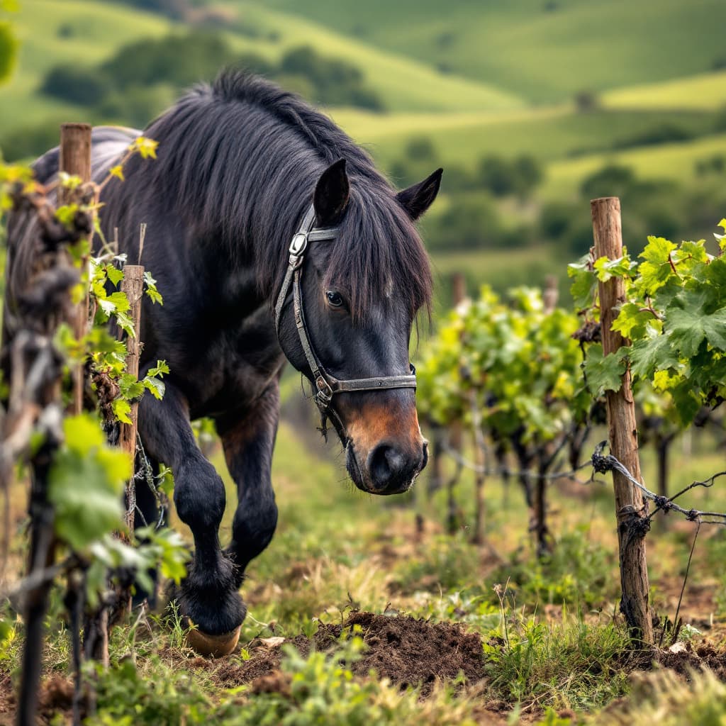 AI generated: "A Percheron draft horse with a black coat working in a vineyard, surrounded by green hills"