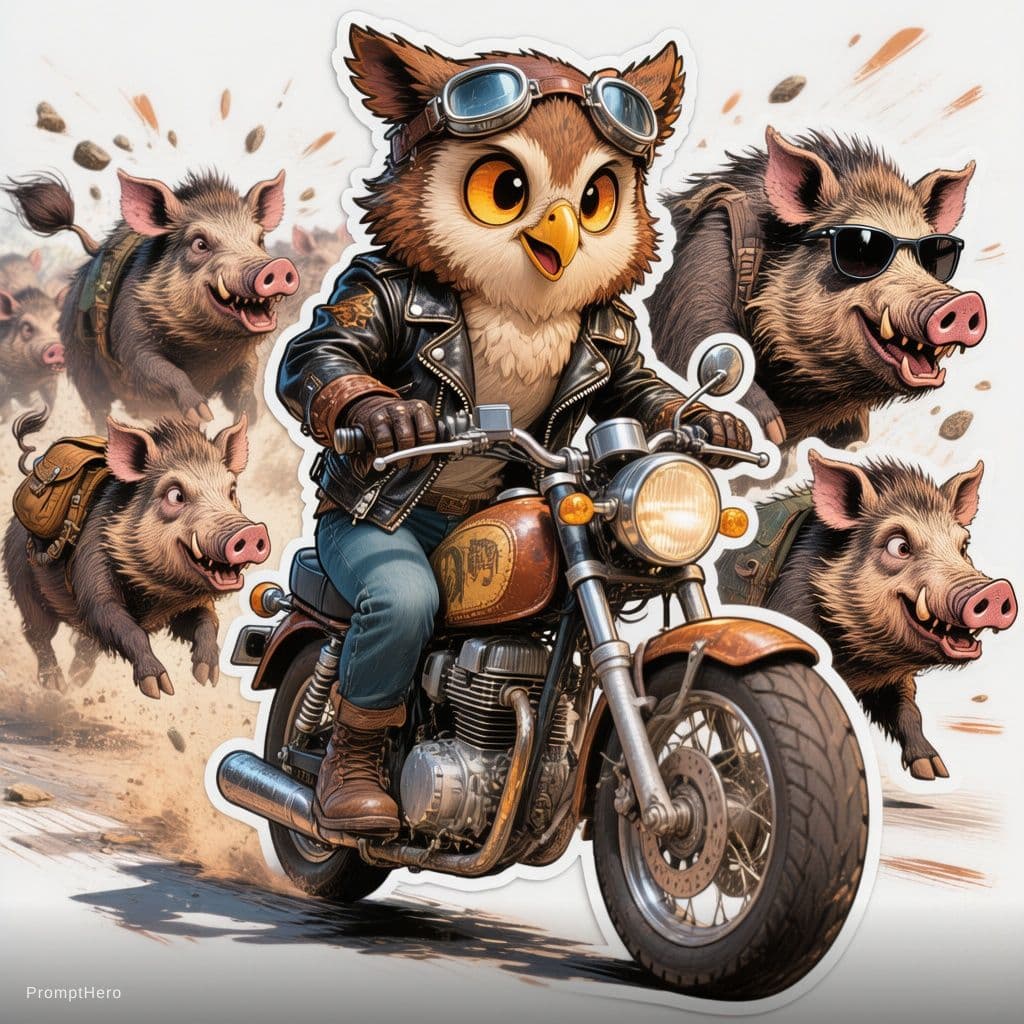 AI generated: The duolingo owl wearing a tiny leather jacket, riding a vintage motorcycle.  Behind the motorcycle,...
