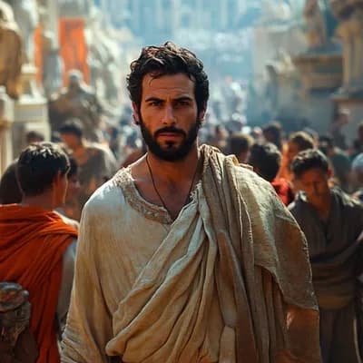 AI generated video: A man walks towards the camera down an ancient roman street. He is in ancient rome wearing ancient r...