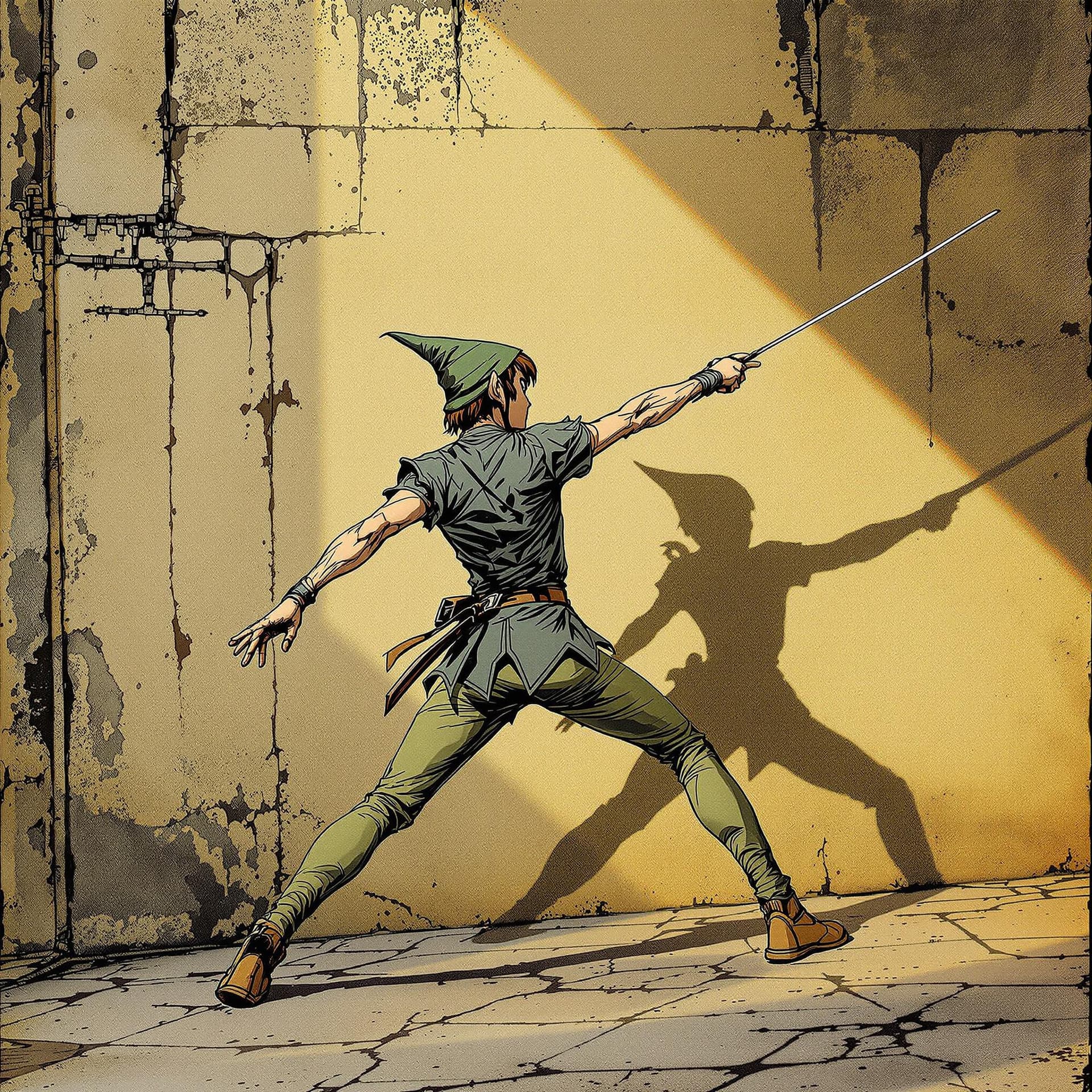 AI generated: Photorealistic , full body shot of peter pan fencing with his shadow against a wall, hand drawn, in ...