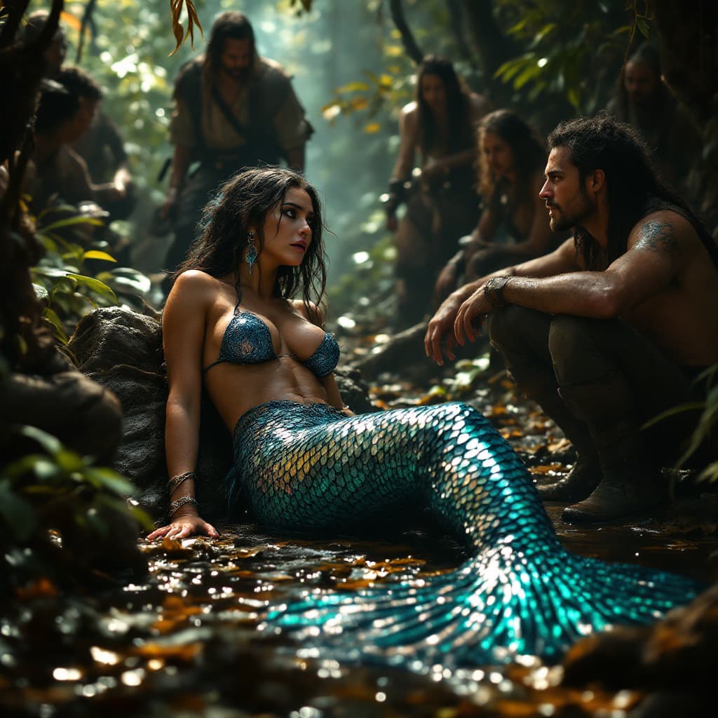 AI generated: Prompt:
"A stunning and vulnerable mermaid with an iridescent, textured fishtail, thrown onto a wet ...
