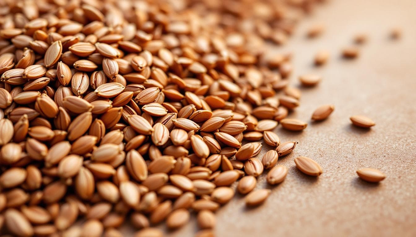 AI generated: Close-up of flax seeds — rich brown tones, glossy smooth surface, natural scatter pattern, covering ...