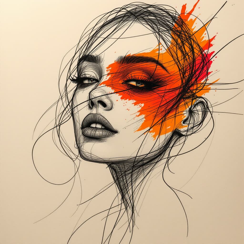 AI generated: a drawing of a woman's face with a red eyeshadow, in the style of bold colorful lines, dark beige an...