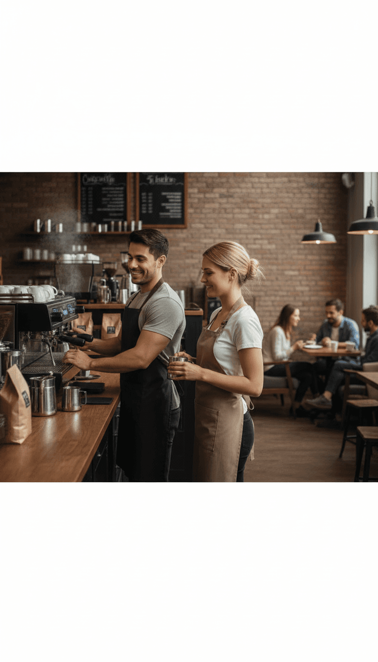 AI generated: At a coffee shop, a female blonde barista 5'5" tall behind the bar. Male Hispanic barista 5'2" tall ...