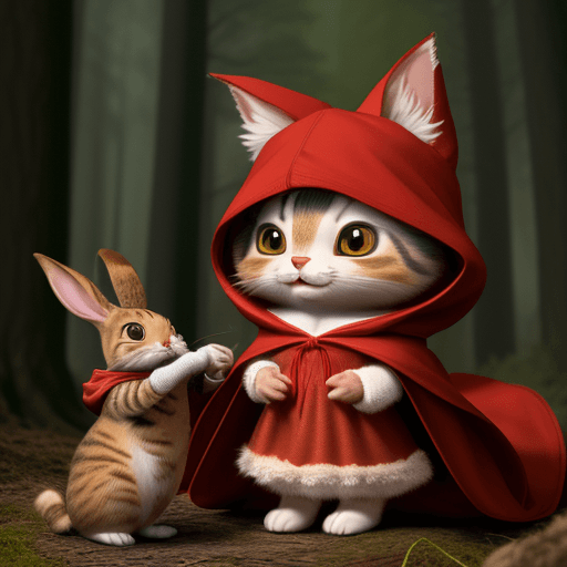AI generated: 
anthropomorphic cute cat in the costume of the fairy-tale character Little Red Riding Hood, in a re...