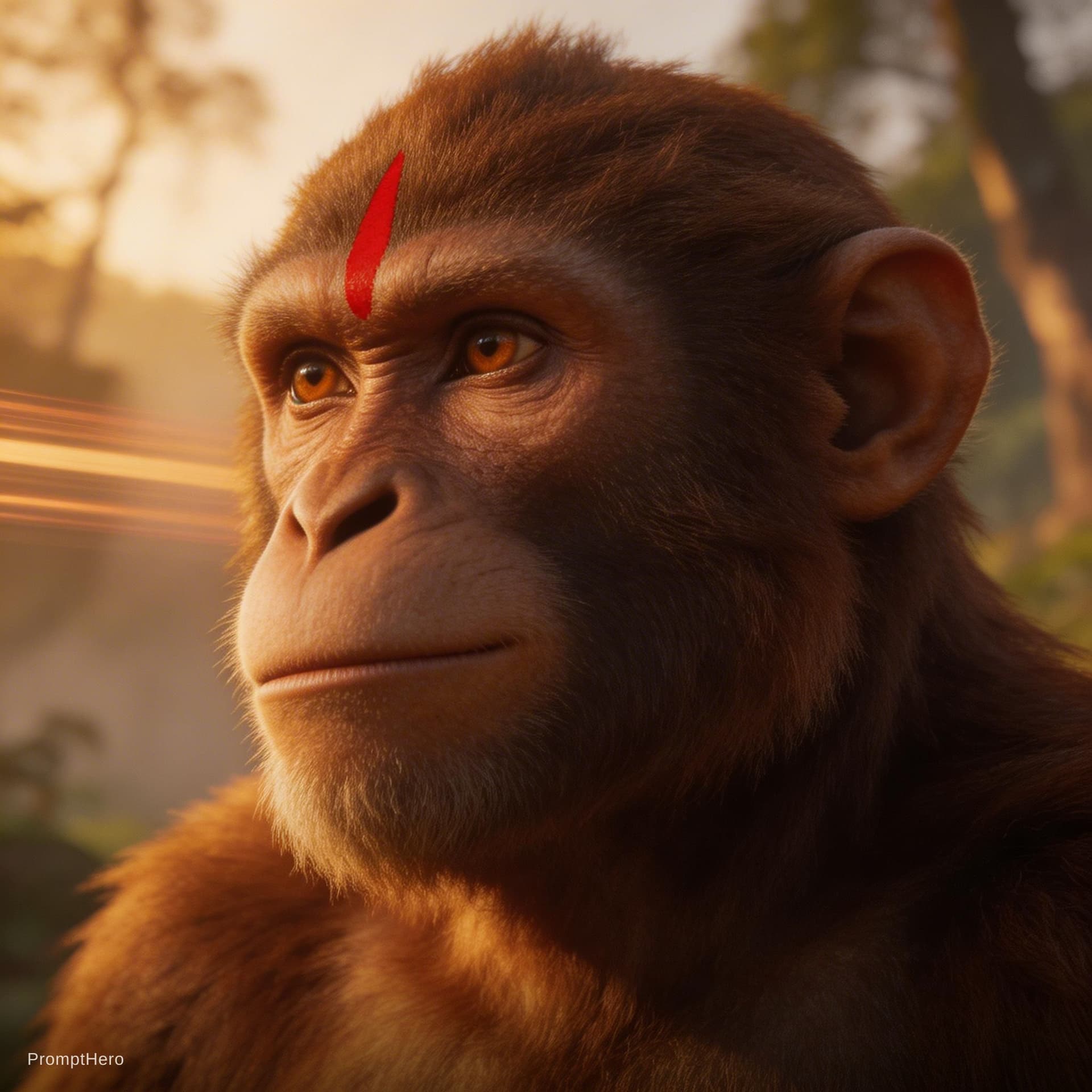AI generated: Very natural and realistic,  cinematic,  slightly profile hanuman close-up in anamorphic 2.39 aspect...