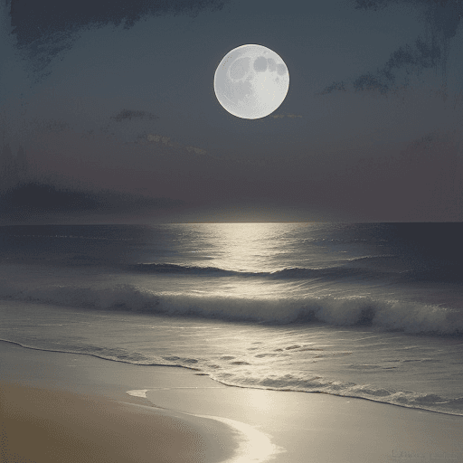 AI generated: A serene, moonlit beachscape with soft, powdery sand and a gentle, lapping ocean, under the glow of ...