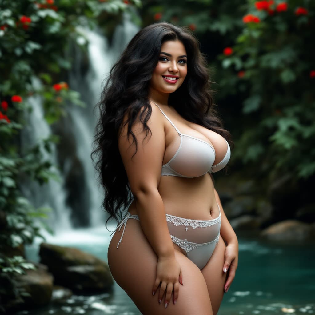 AI generated: High resolution a full body side rear view picture of a dreamy vivid look sexy plus size woman  with...