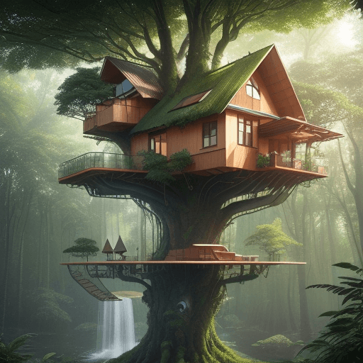 AI generated: a futuristic tree house::2 by a german architect perched in a giant tree::2 on the water in a beauti...