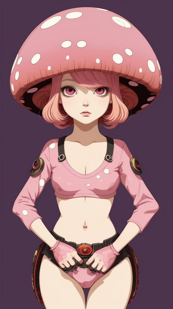 AI generated: in a funky background portrait of little mushroom woman, pink hair, Prominent eyes, funky background...