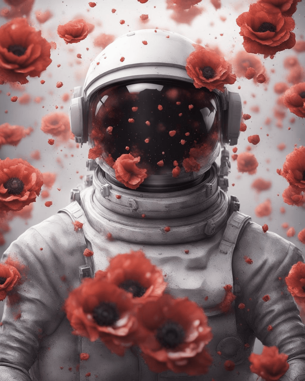 AI generated: perfectly centered portrait detailed astronaut with flowers explosion helmets, anatomical drawing, d...