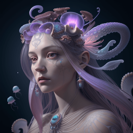 AI generated: Goddess close-up portrait ribcagel. jellyfish phoenix head, nautilus, orchid, skull, betta fish, bio...