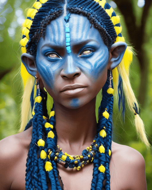 AI generated: na'vi woman, blue skin, dark blue stripes, large ears braided hair, beads in hair, large necklace, l...
