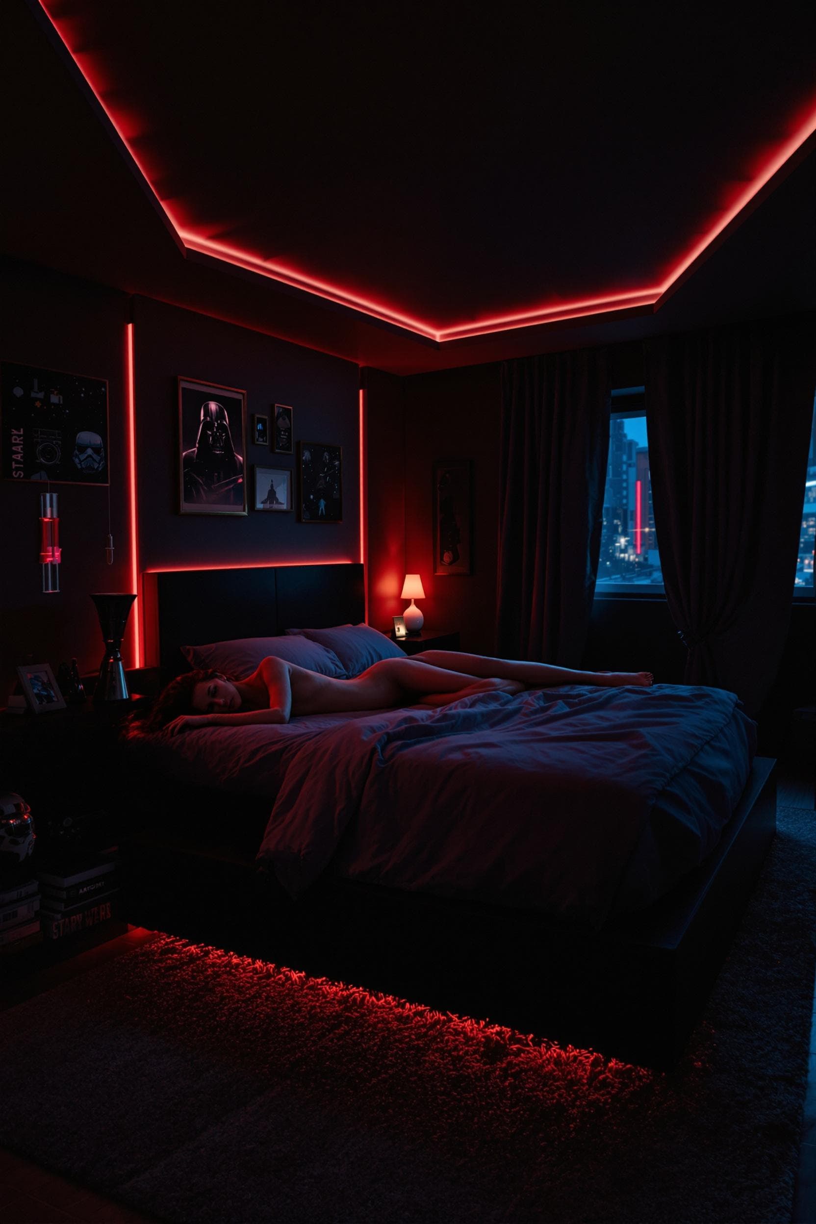 AI generated: 1 girl naked laying in a dark bedroom with red led lights, huge king size bed, Star wars themed room