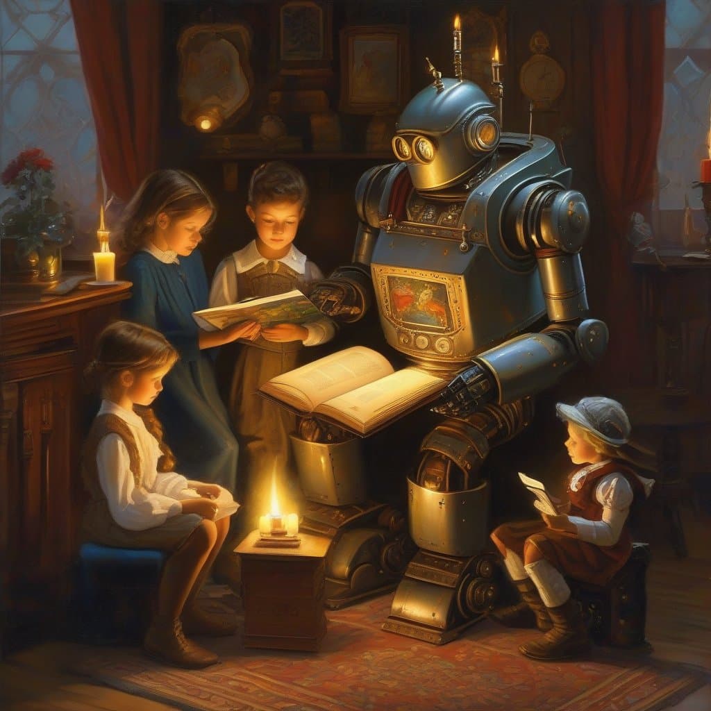 AI generated: a robot as nanny reads a fairytale to kids, steampunk, candlelight, Style of Norman Rockwell and Tim...