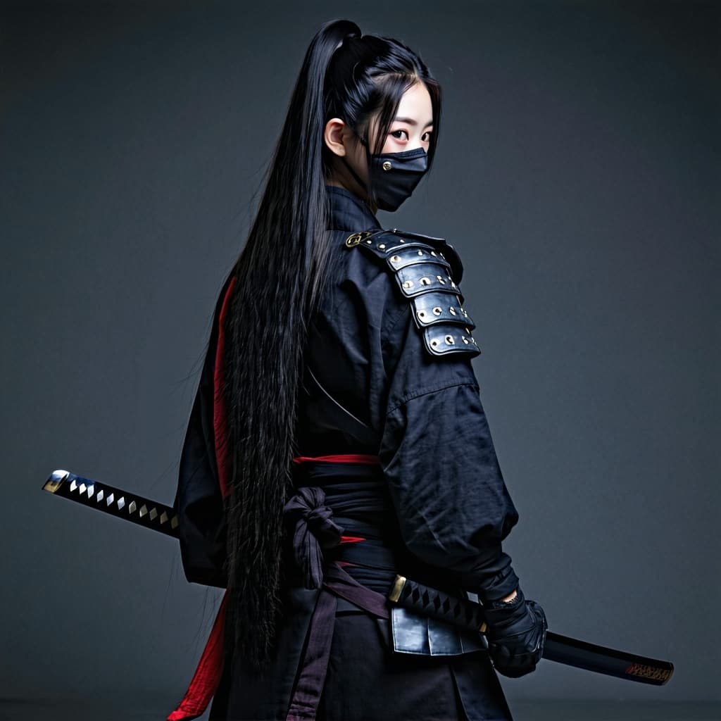AI generated: Female shinobi looking back, shot from behind, masked, visible long black hair, with katana, dark pa...