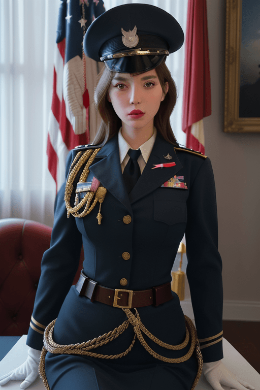 AI generated: gorgeous female dressed as american officer, officer hat, cold war, american president office in bac...