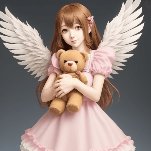 AI generated: A female anime teddy bear/human with wings carrying a heart in a really pretty dress

