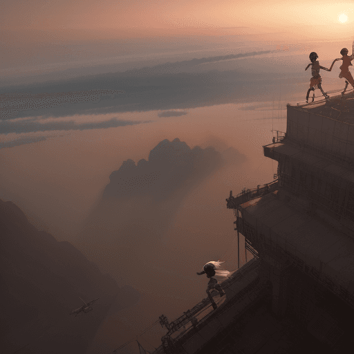AI generated:  Children are running on the ground below the jets while celebrating holding indian flag, dramatic l...
