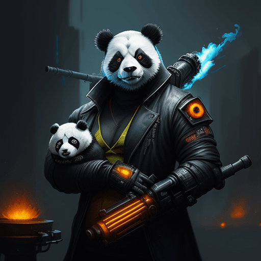 AI generated: A portrait of a cyberpunk panda holding two flamethrowers, fantasy, elegant, digital painting, conce...