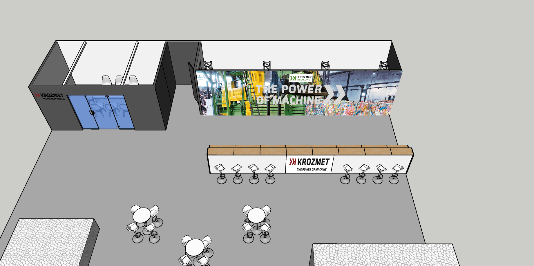 AI generated: Render a hyper photorealistic visualization of a trade fair stand from this drawing