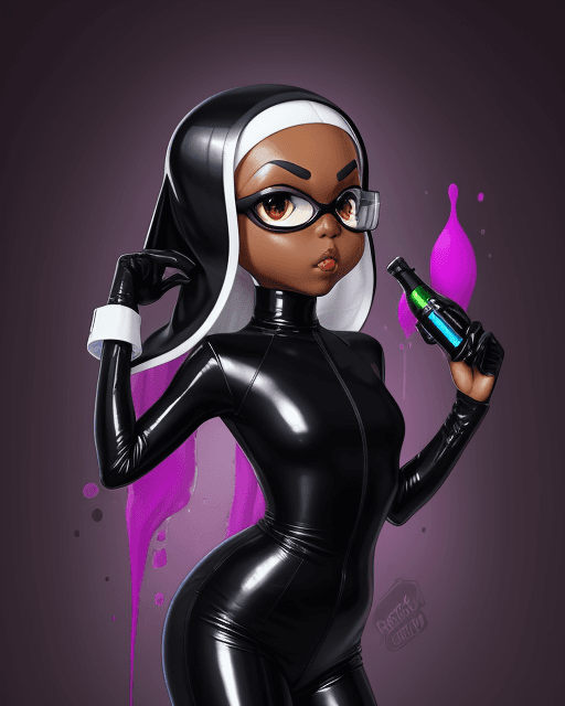 AI generated:  splatoon, inkling, dark skin, nun outfit, latex, visor, hypnotized