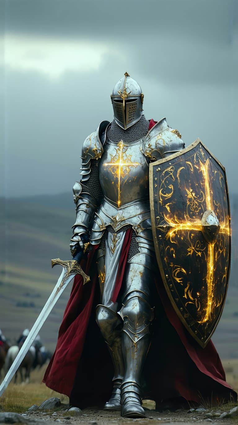 AI generated: An ultra-realistic, wide angle, front facing, full-body portrait of a noble Paladin in gleaming silv...