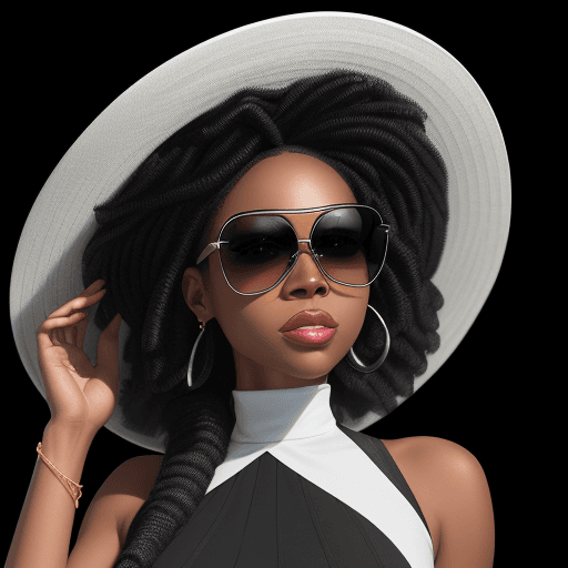 AI generated: a beautiful African American woman wearing black sunglasses and a hat, in the style of black and whi...