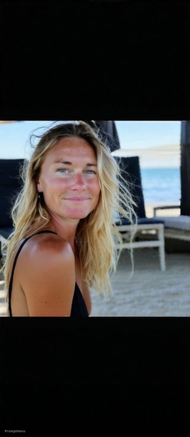 AI generated: On picture is a blonde Woman. She Loves to Wear a black Bikini with brazilian thong 