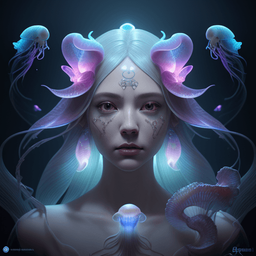 AI generated: Goddess close-up portrait ribcagel. jellyfish phoenix head, nautilus, orchid, skull, betta fish, bio...