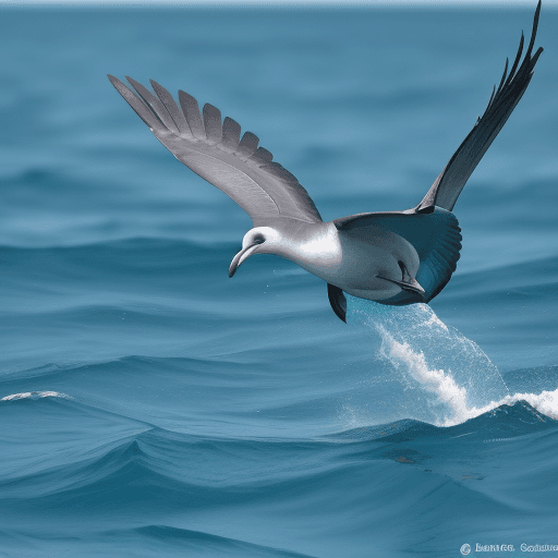 AI generated: Pajaro ubicado en el medio del mar con delfines azules alrededor