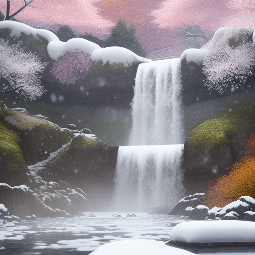 AI generated: The falling water droplets contain cherry blossoms, green leaves, autumn colors, and white snow. The...
