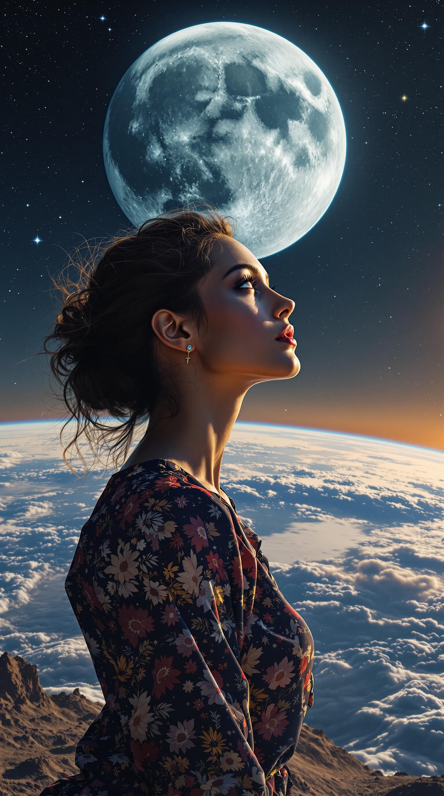 AI generated: a woman looking thoughtful, hyper realistic, on the moon over looking earth
