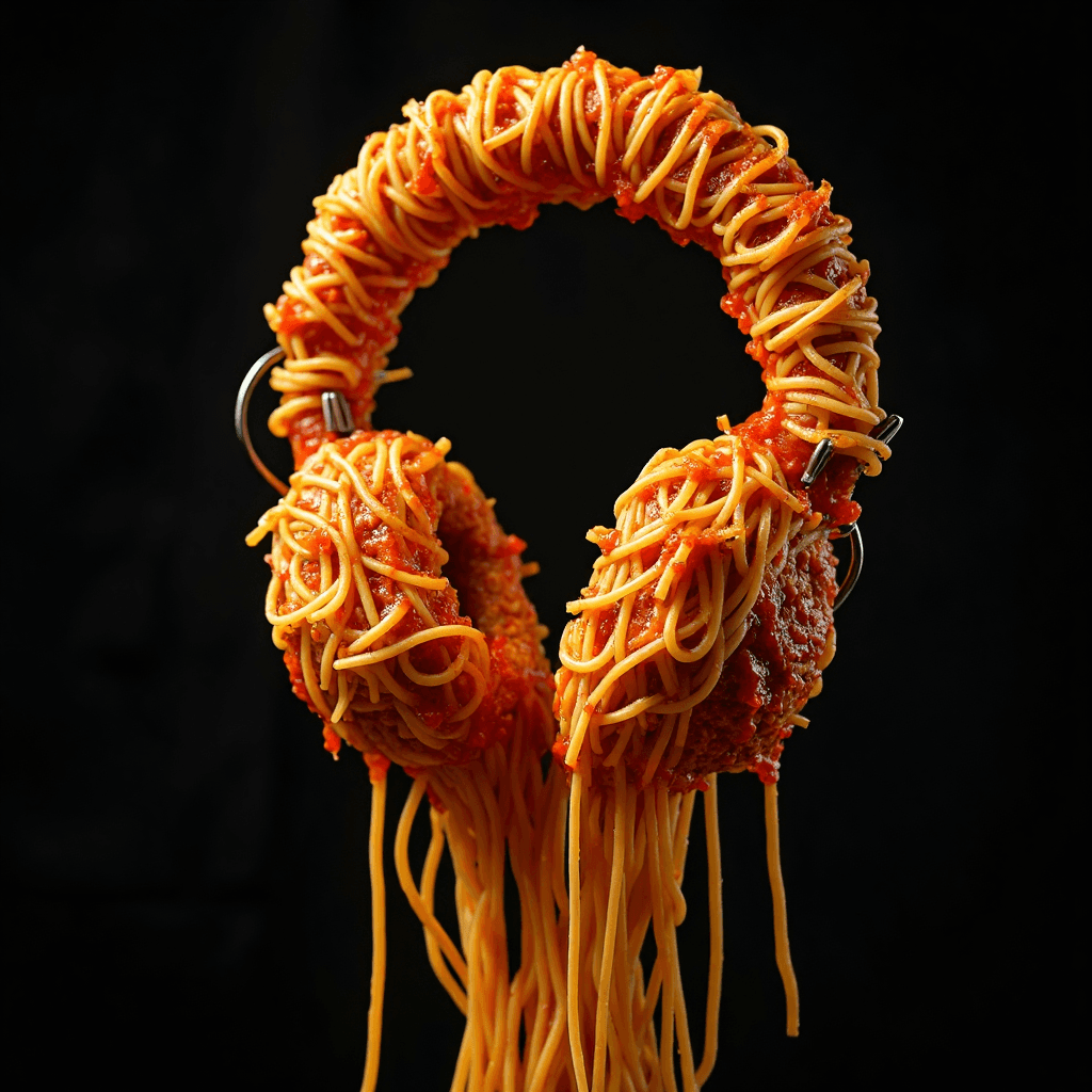 AI generated:  a music headset replicating  spaghetti and meatballs pasta structure (dripping marinara sauce food ...