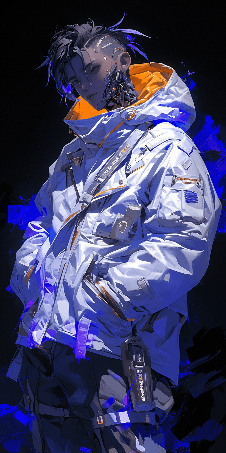 AI generated: anime character dressed in white and orange jacket, in the style of cyberpunk, dark white and light ...