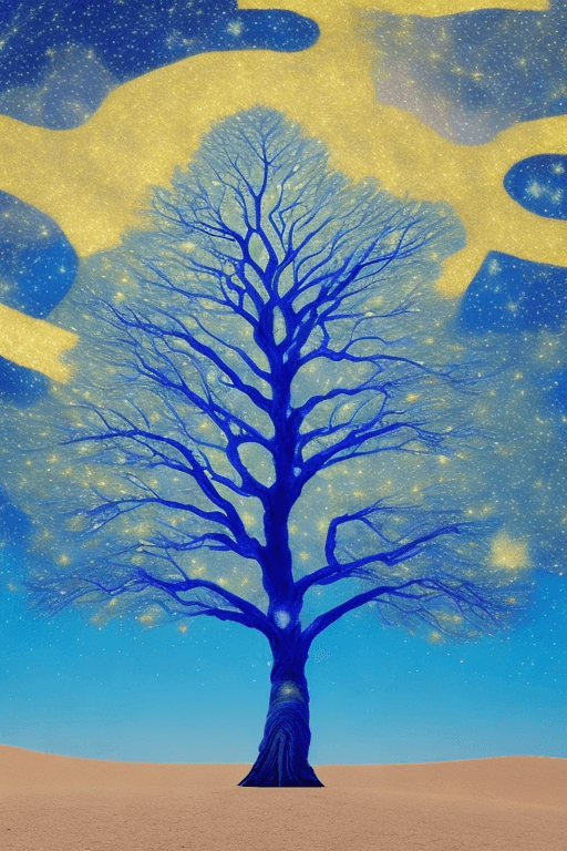 AI generated: Fantastic tree, Blue illumination, Long trunk, Leaves on top of the tree, Divine light, Starry night...