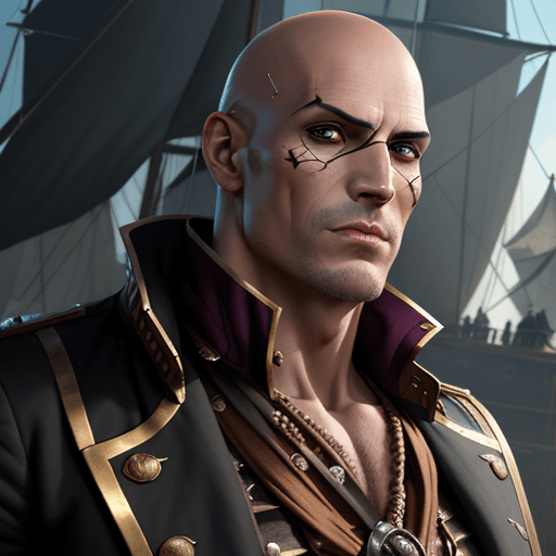 AI generated: male villain, bald, mummy skin, clean shaven, pirate captain, pirate captain outfit, pirate captain ...