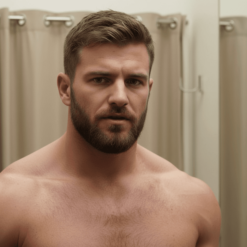 AI generated: At a beige clothing dressing room. The bodybuilder is shirtless. He is talking to someone. His face ...