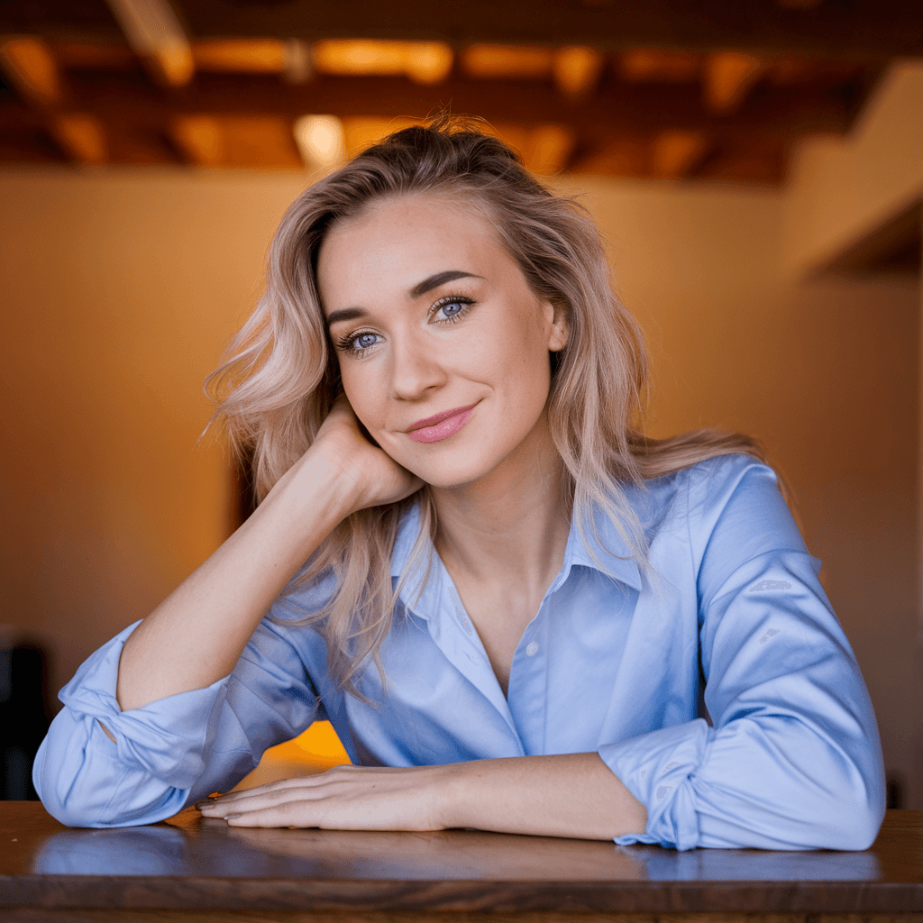 AI generated: Portrait of a blonde woman with wavy hair, wearing a light blue shirt, leaning forward on a wooden t...