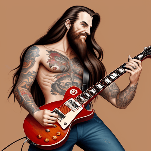 AI generated: Perfect digital painting of a caricature of a man with long hair, van dick beard and tattoos playing...
