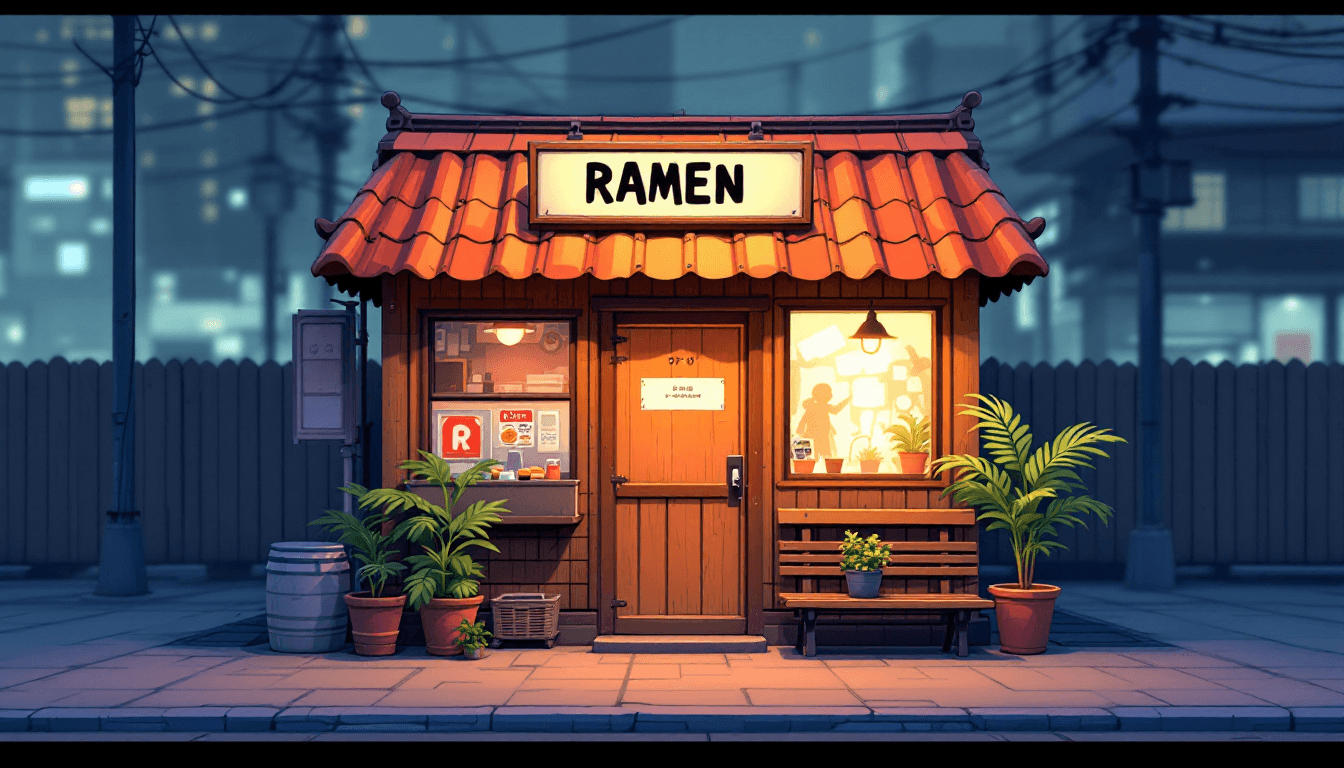AI generated: A manga anima cartoon, of a small Japanese Koya ramen shop, it is a small little self contained hut,...