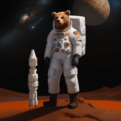 AI generated: a bear is in space suit, standing in the dirt, in the style of fantasy art, dark white and dark oran...