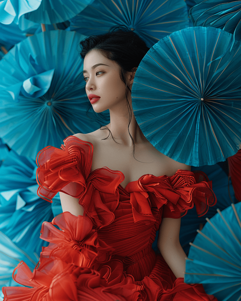 AI generated: A woman in red dancing with blue umbrellas, in the style of Japanese photographer Hidemi Shimura, wi...